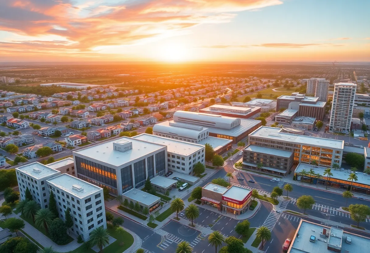 Conceptual image of a new city in California featuring residential and industrial zones.