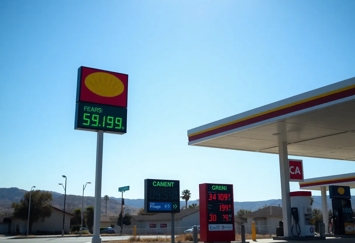 Gas station signs showing rising prices in California