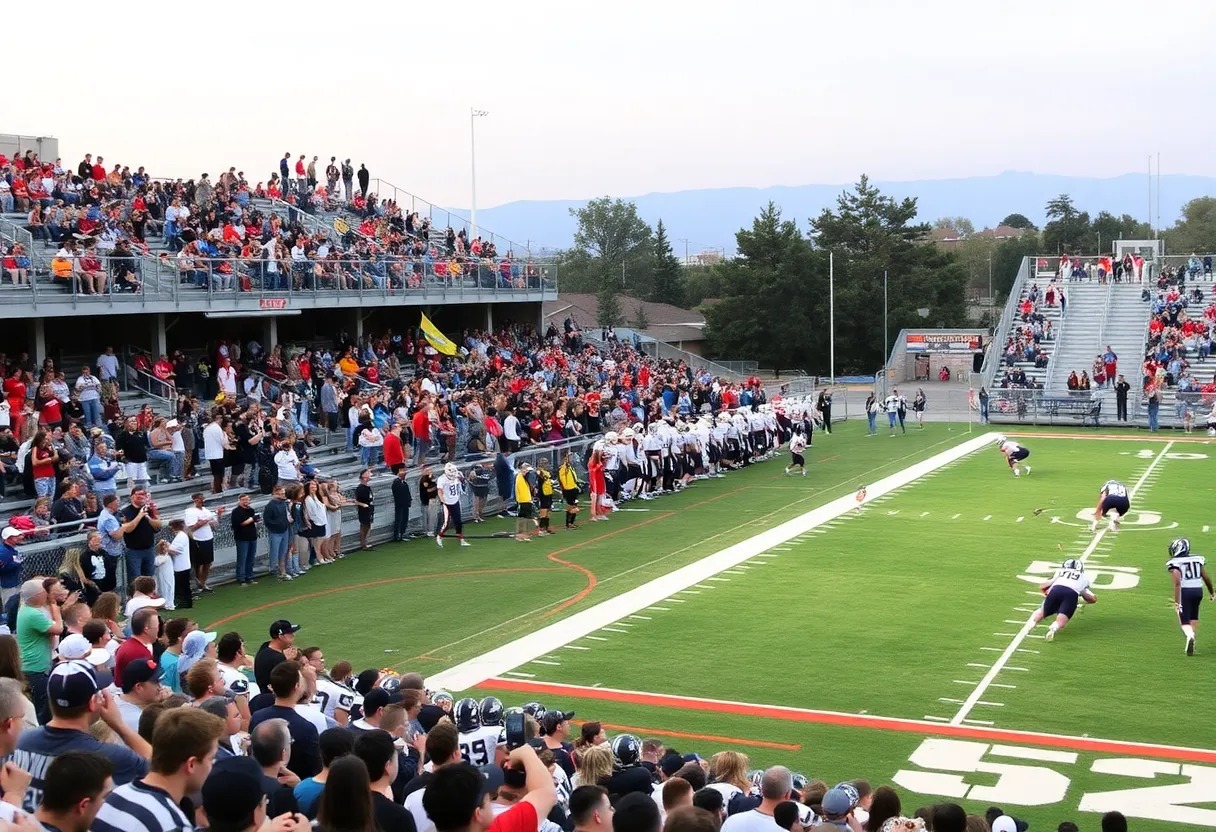 High school football game in California with fans cheering.