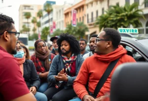 Diverse rideshare drivers engaging in conversation about union rights in California