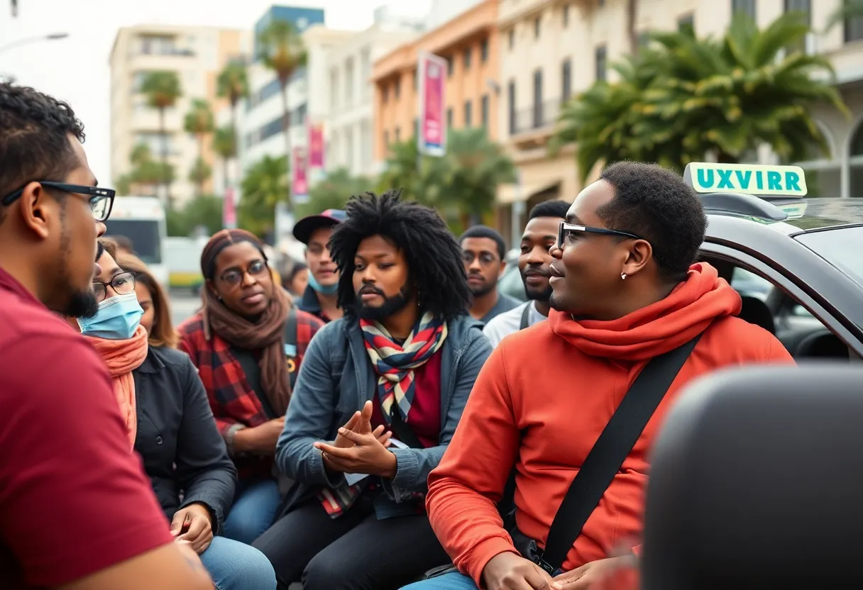 Diverse rideshare drivers engaging in conversation about union rights in California
