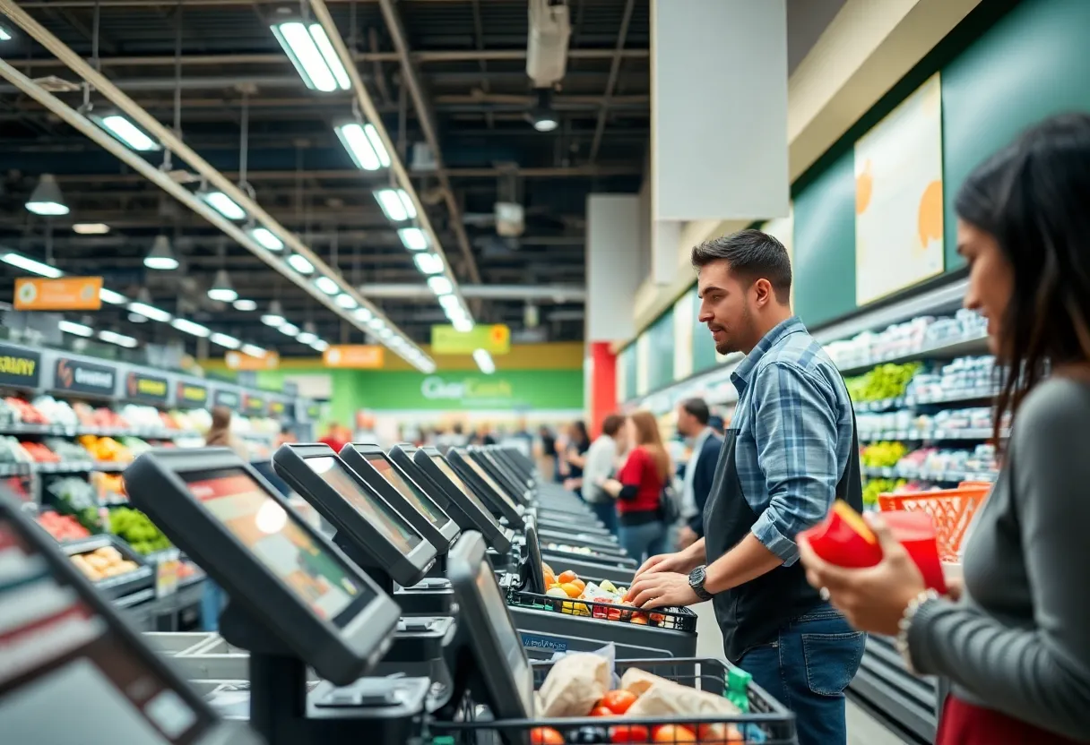 Self-checkout stations in a grocery store with staff monitoring