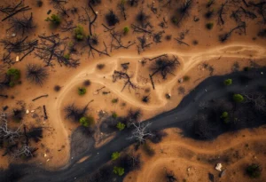 Wildfire damage in California landscape