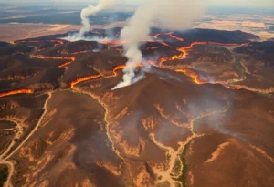 Aerial view of California wildfires affecting homes and landscapes.