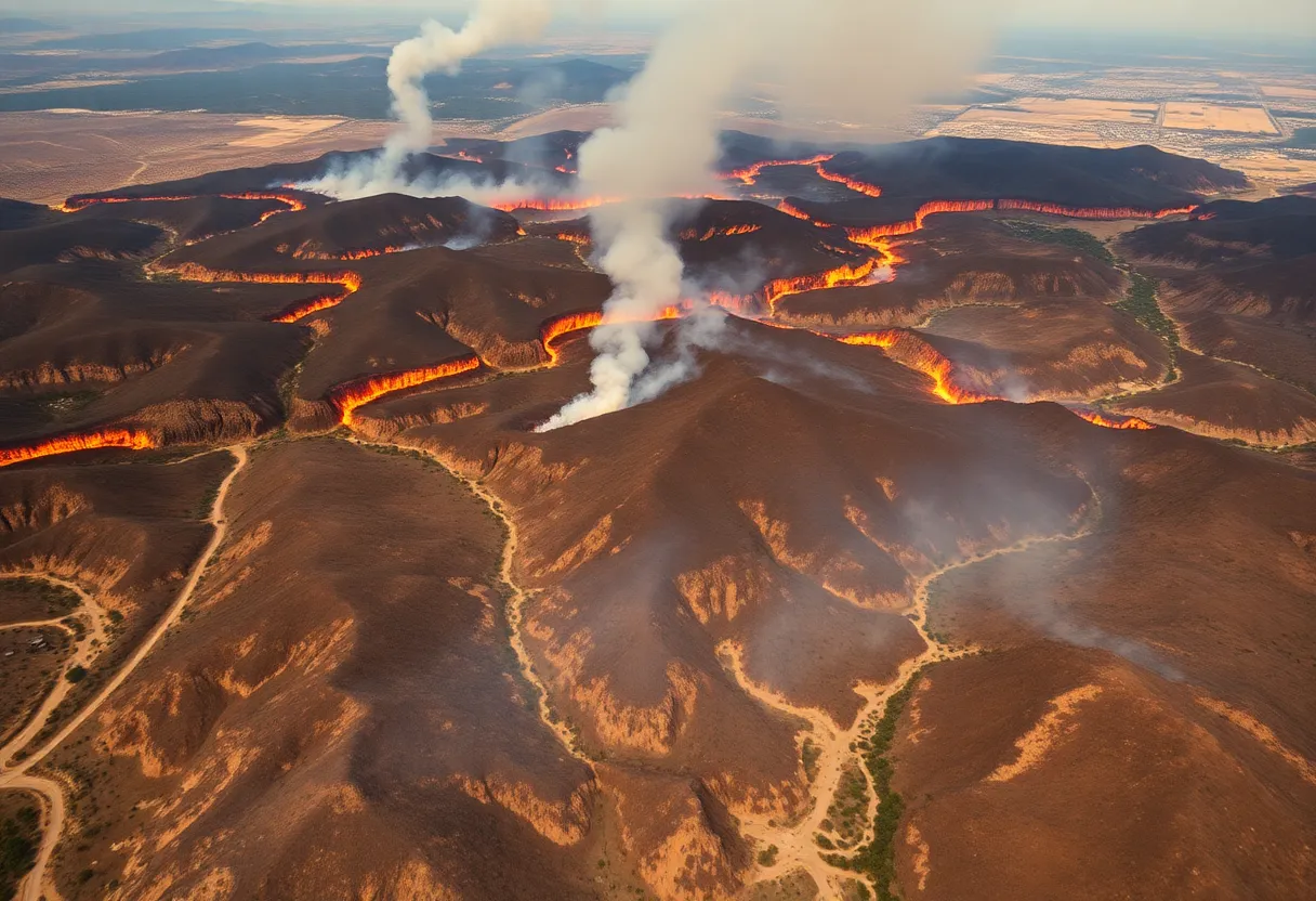 Aerial view of California wildfires affecting homes and landscapes.
