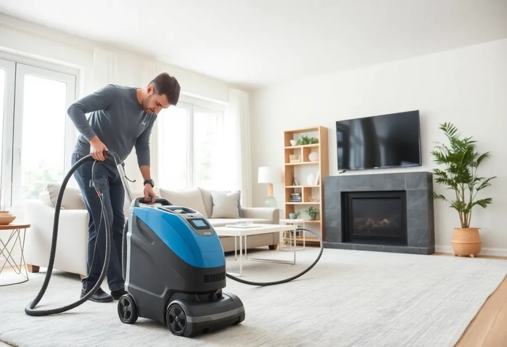Technician using steam cleaning equipment in a living room