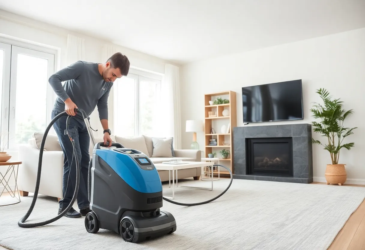 Technician using steam cleaning equipment in a living room