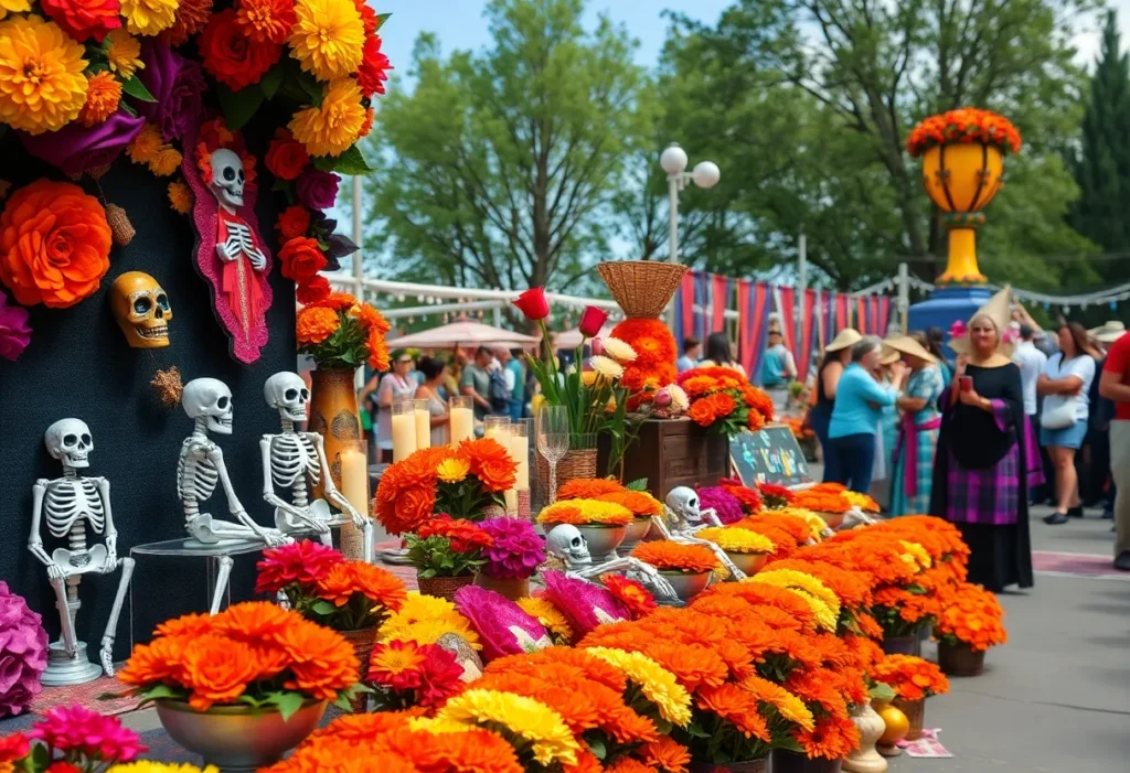 Día de los Muertos altar decorated with marigolds and skeletons