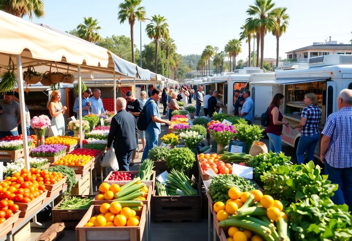 Vibrant farmers market with fresh produce and flowers