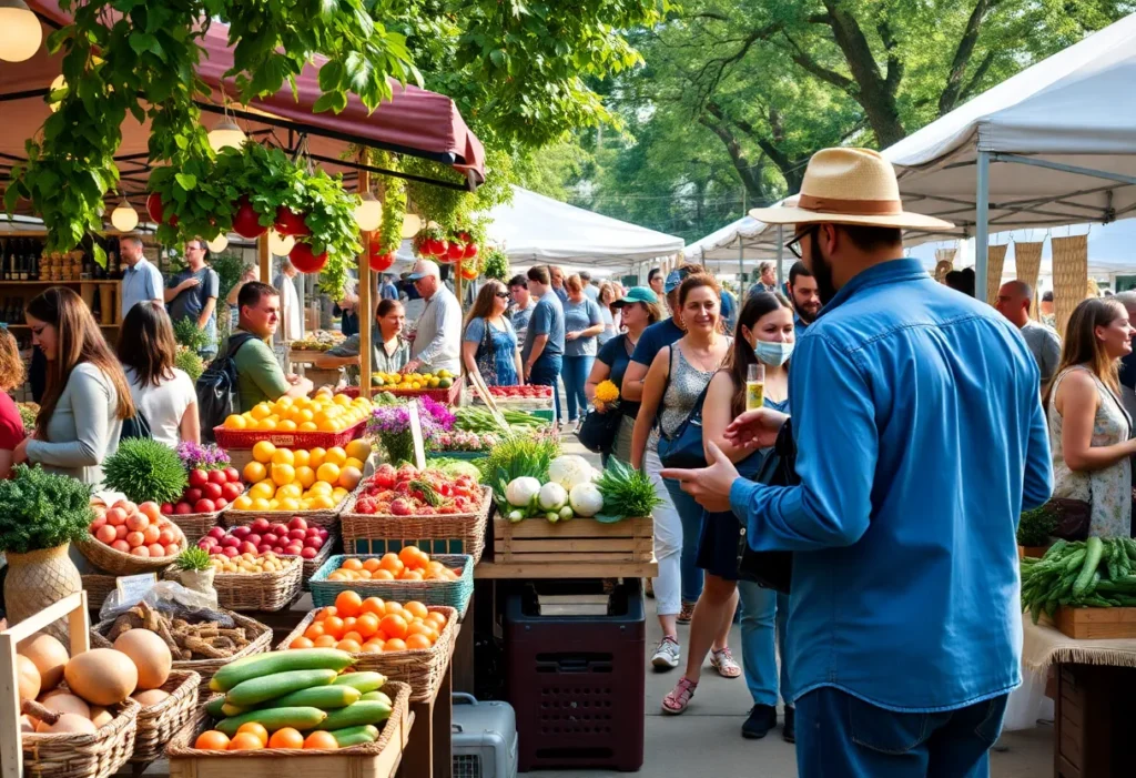 A bustling farmers market in Orange County with local vendors and shoppers.