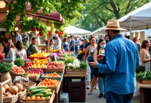 A bustling farmers market in Orange County with local vendors and shoppers.