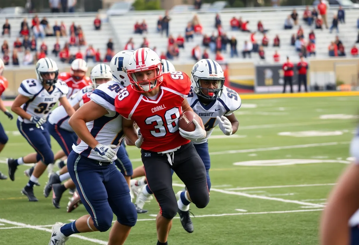 High school football players in action during a match in Orange County
