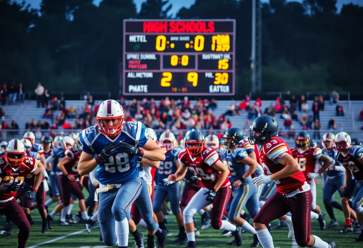 High school football players competing on the field