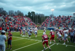 Players in action during a high school football game.