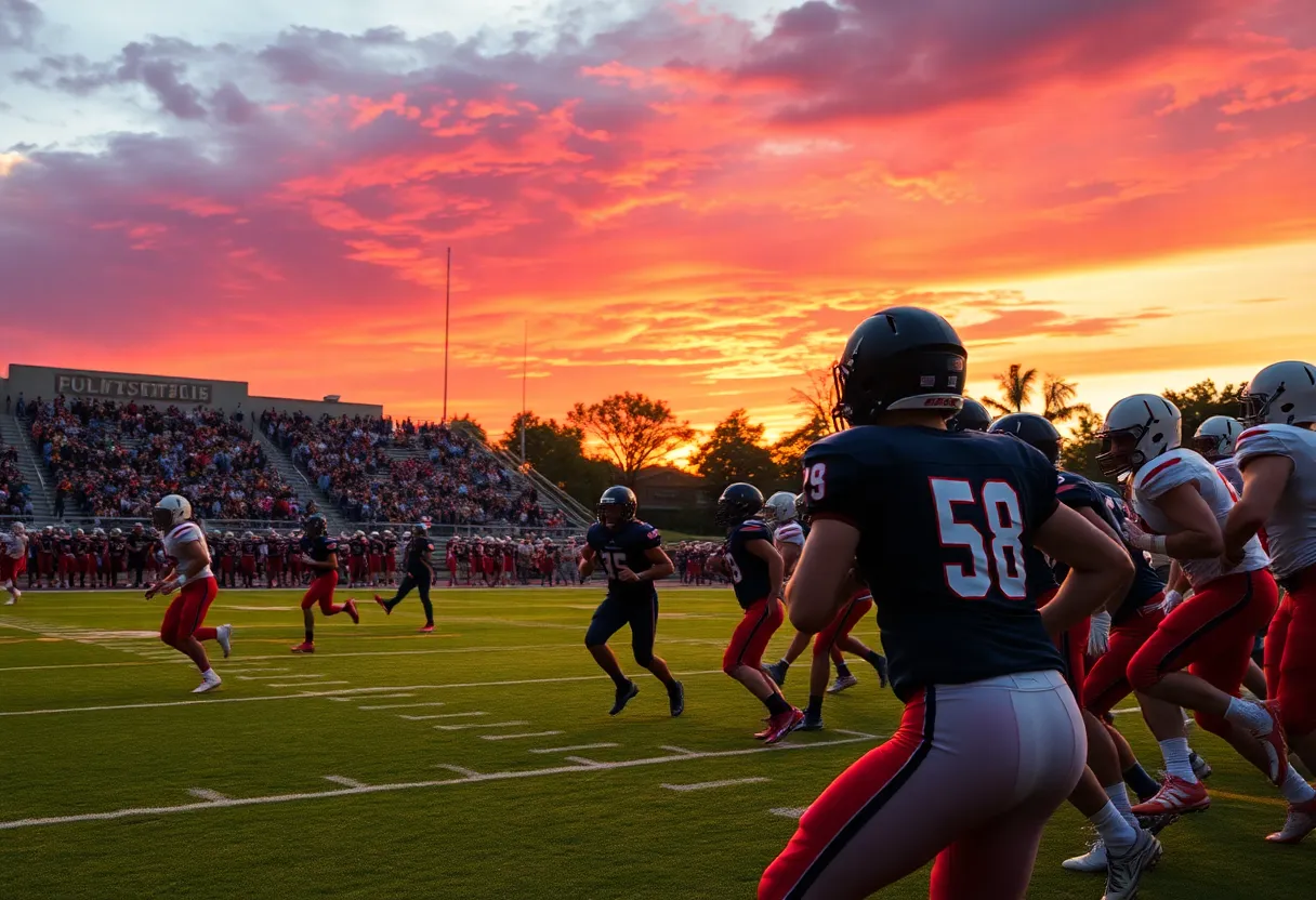 Players competing in a high school football game under stadium lights.