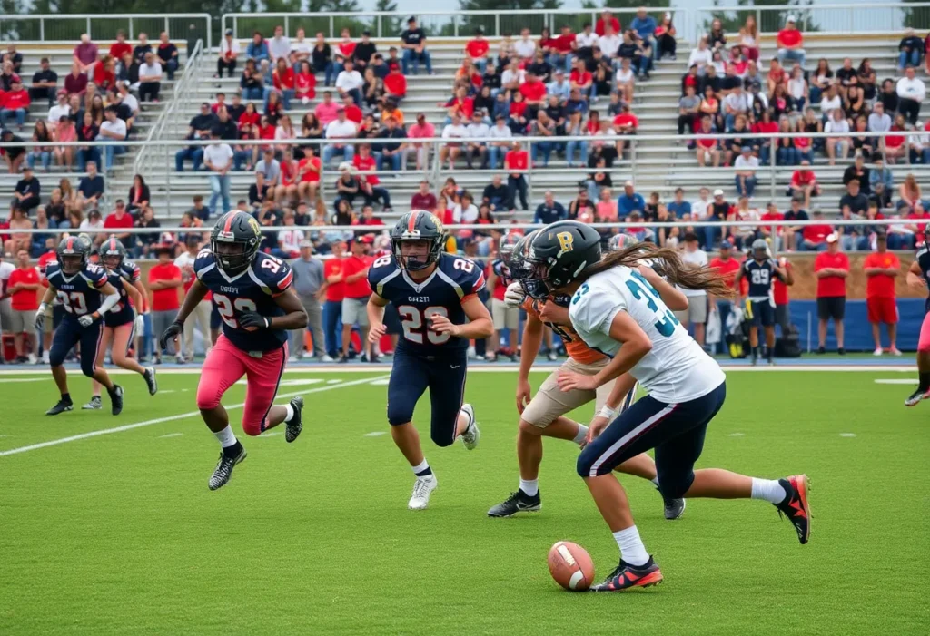 A high school football game in action with players and spectators
