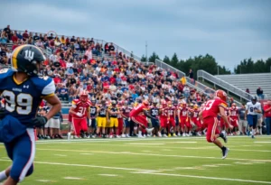 Action shot of a high school football game with players and crowd
