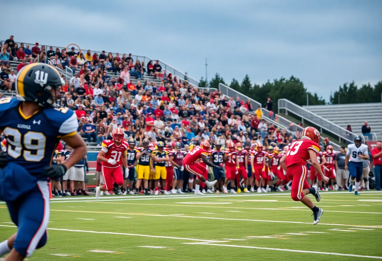 Action shot of a high school football game with players and crowd