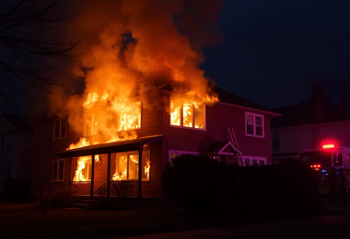Firefighters battling a house fire in Mission Viejo during the night.