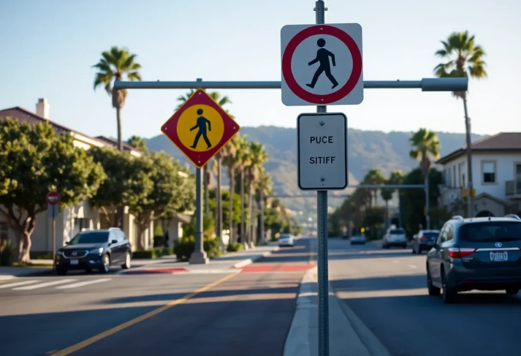 Pedestrian safety signs in Laguna Beach, California.
