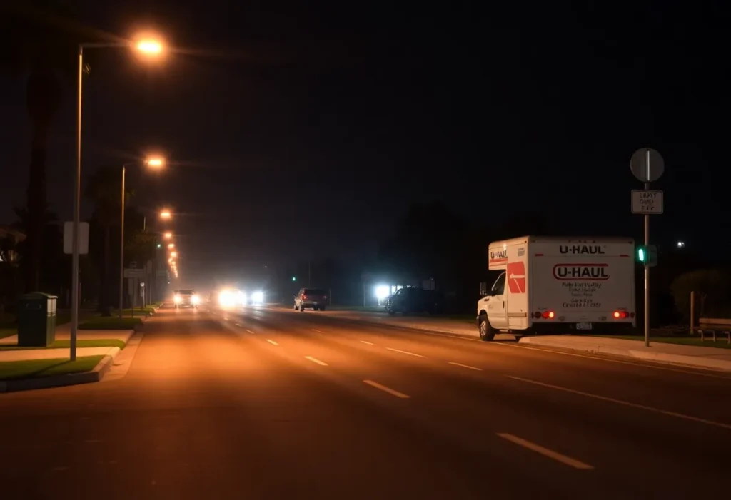 Quiet road in Laguna Beach at night with streetlights