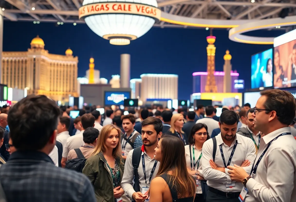 A tech conference in Las Vegas with professionals networking and discussing technology.