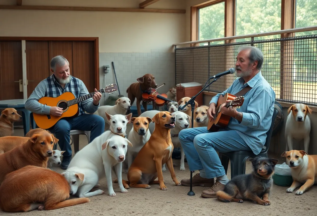 Musicians playing soothing music for shelter animals in a calm environment
