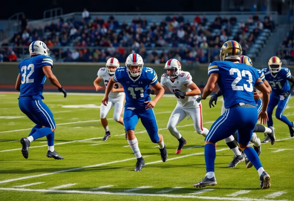 Football players competing during the Long Beach Poly and Mission Viejo game.