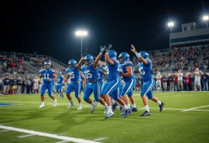 Los Alamitos Griffins football team celebrating a touchdown during a night game