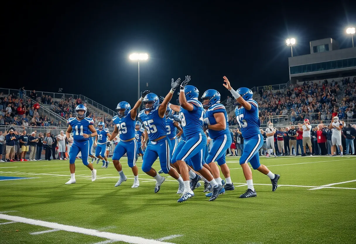 Los Alamitos Griffins football team celebrating a touchdown during a night game