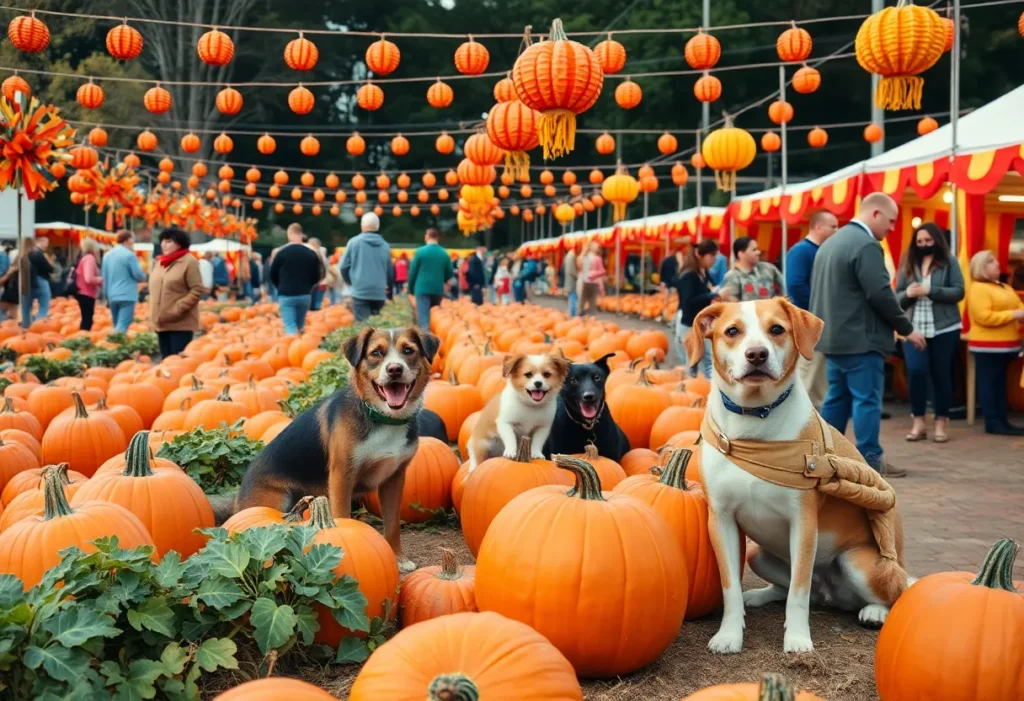 Families enjoying the Fall Festival with adoptable pets in a pumpkin patch setting.