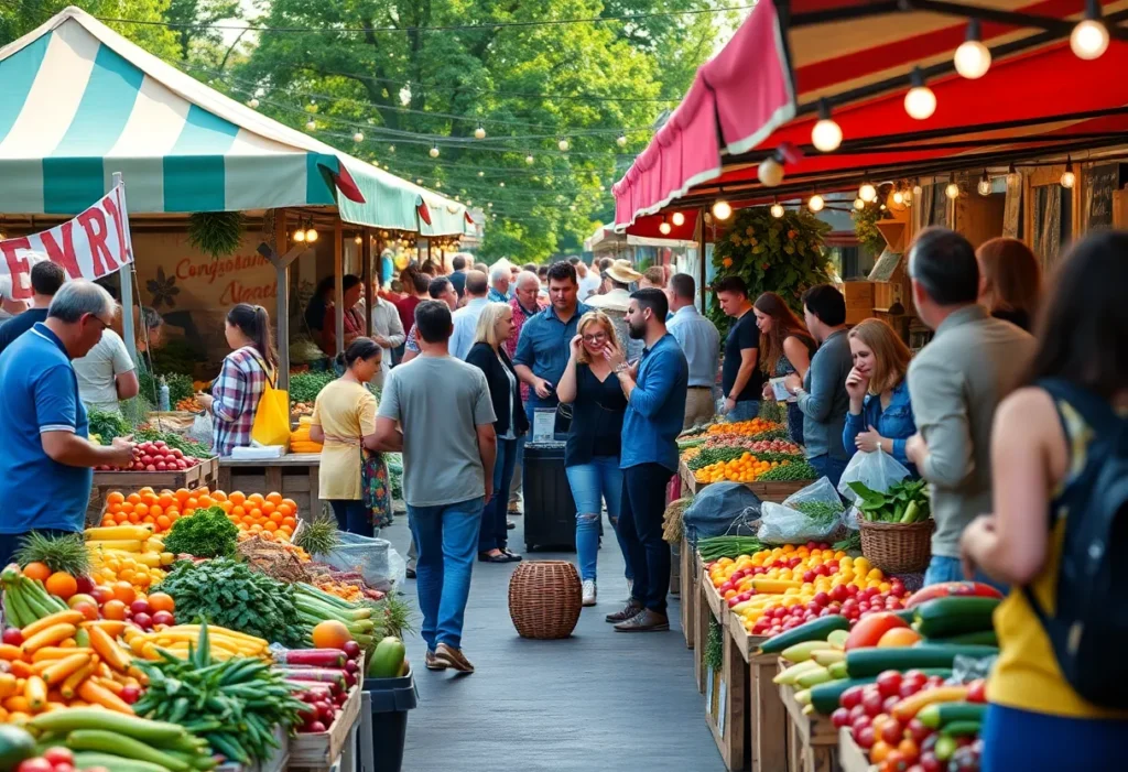 Farmers market with fresh produce and happy visitors