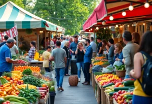 Farmers market with fresh produce and happy visitors