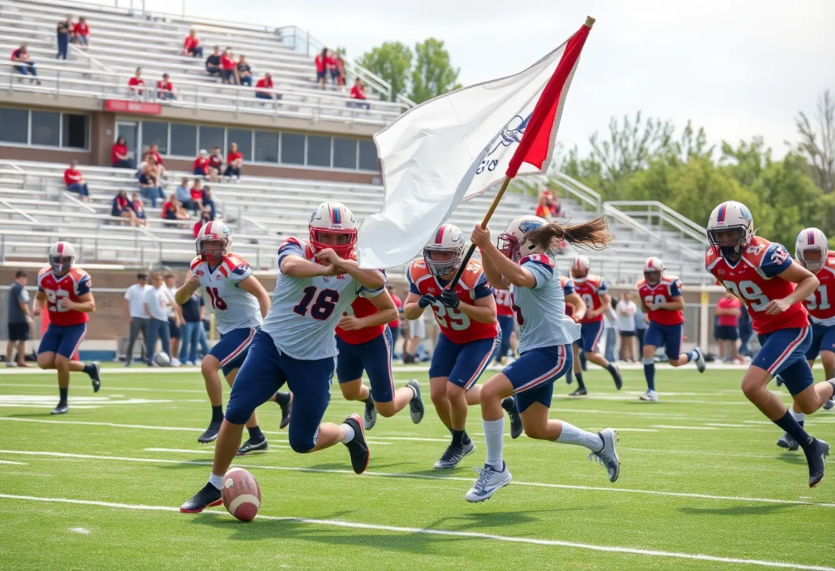 Action scene from a high school flag football game.