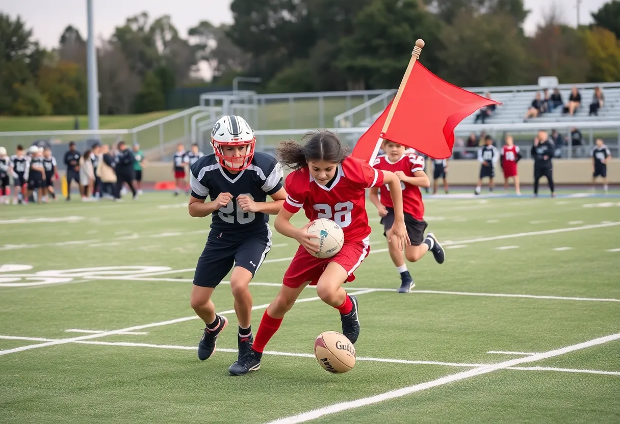 High school flag football match in progress