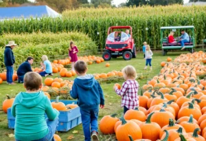 Families enjoying pumpkin picking in Mission Viejo