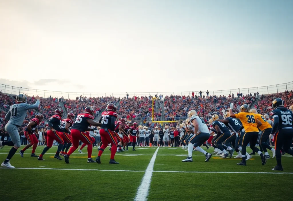 Two football teams gearing up for a game on the field.