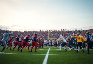 Two football teams gearing up for a game on the field.