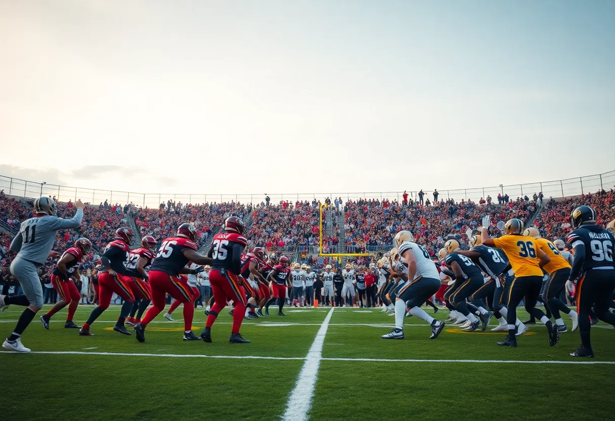 Two football teams gearing up for a game on the field.