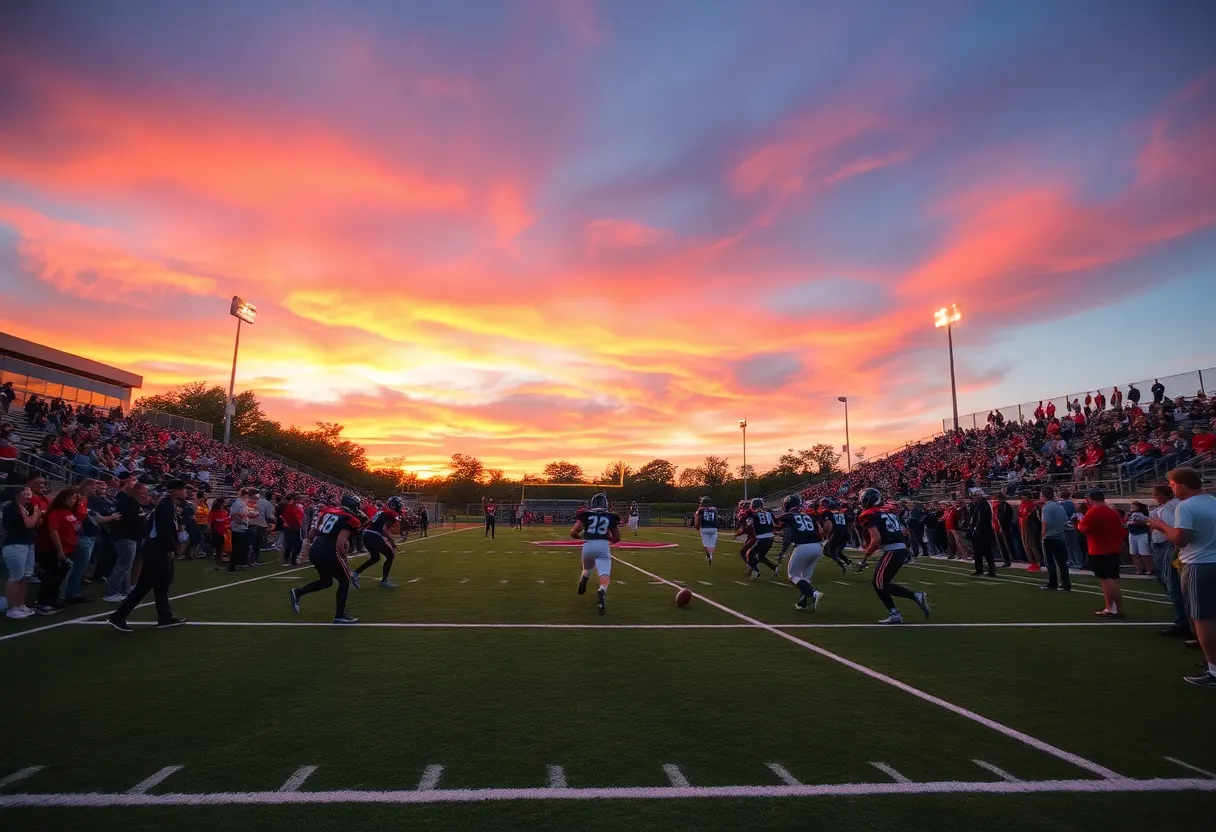 Action shot of high school football game between Mission Viejo and San Clemente.