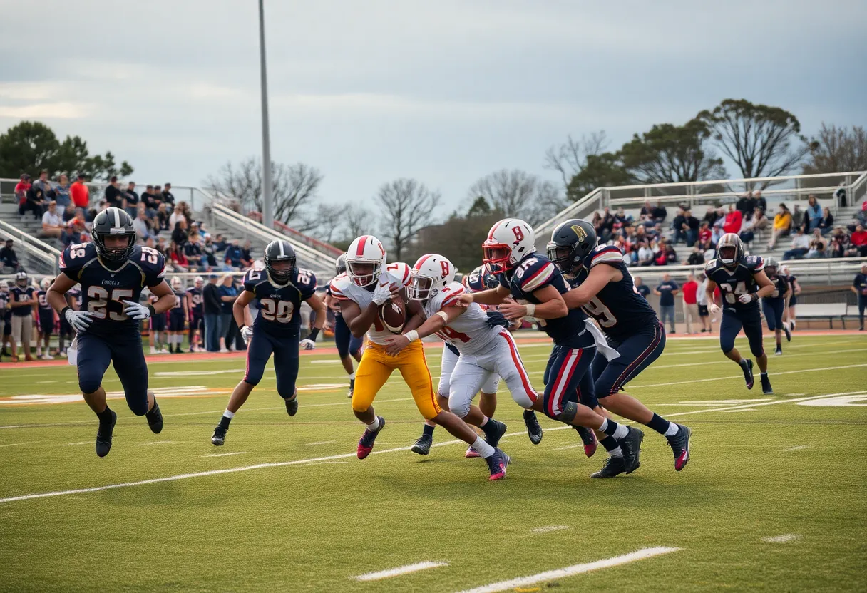 High school football players in action during a match between Murrieta Valley and San Clemente.