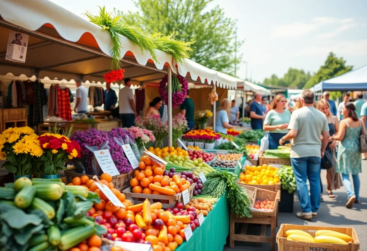A vibrant farmers market with fresh produce and local crafts