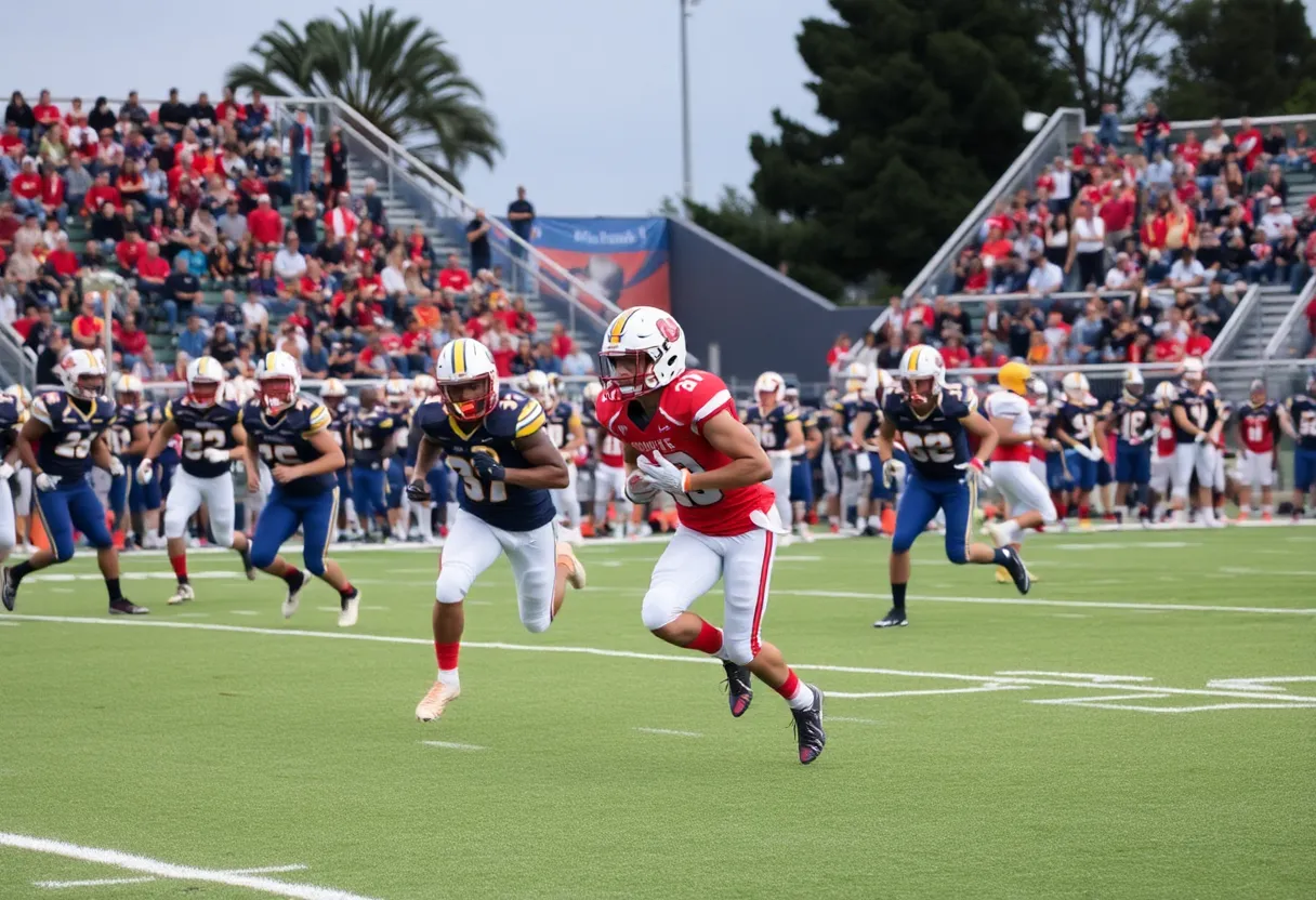 High school football players in action during a game in Orange County