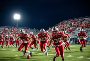 High school football players competing under stadium lights