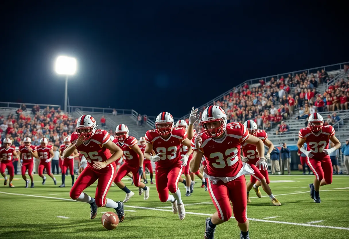 High school football players competing under stadium lights
