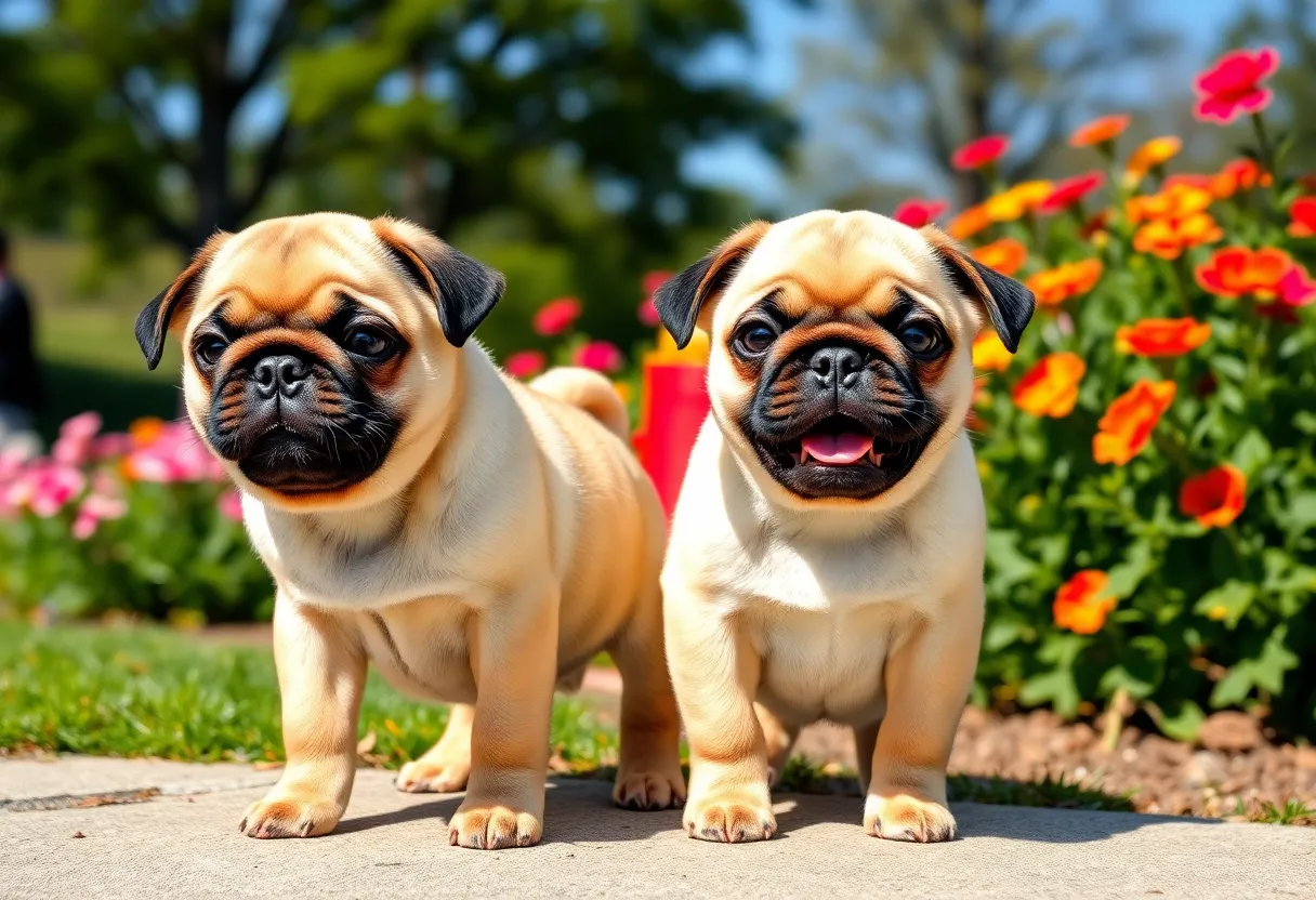 Two playful pug sisters in a park