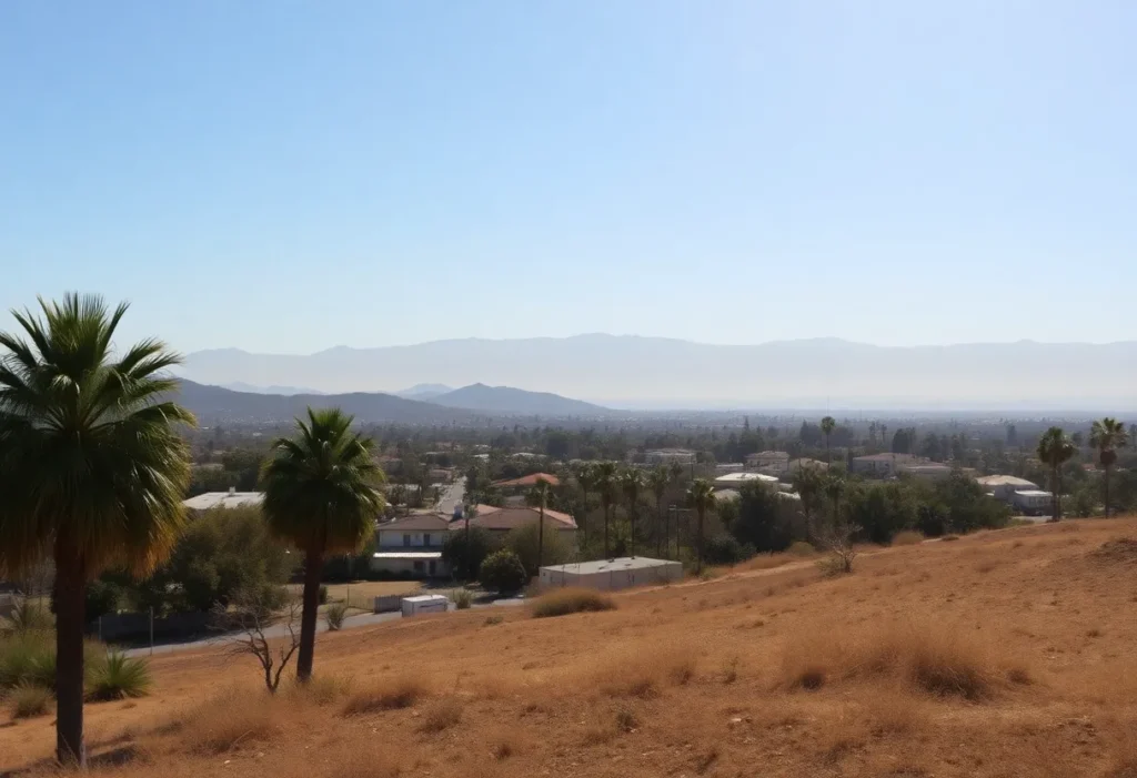 Landscape of Southern California during hot weather with palm trees and mountains