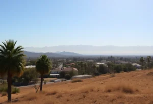 Landscape of Southern California during hot weather with palm trees and mountains