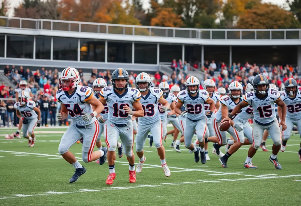 Players from St. John Bosco and Santa Margarita competing during a high school football game.
